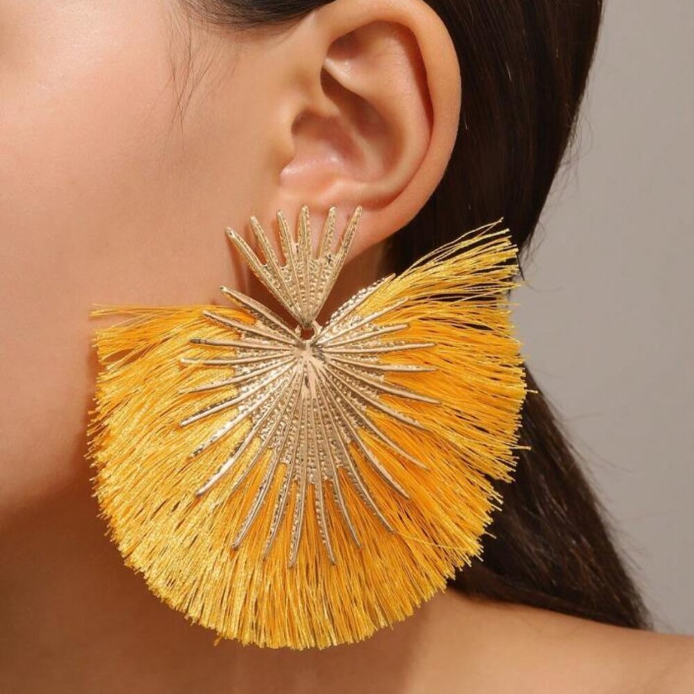 New Aadhya Yellow And Gold Fan Drop Spikey Fringe Statement Earrings